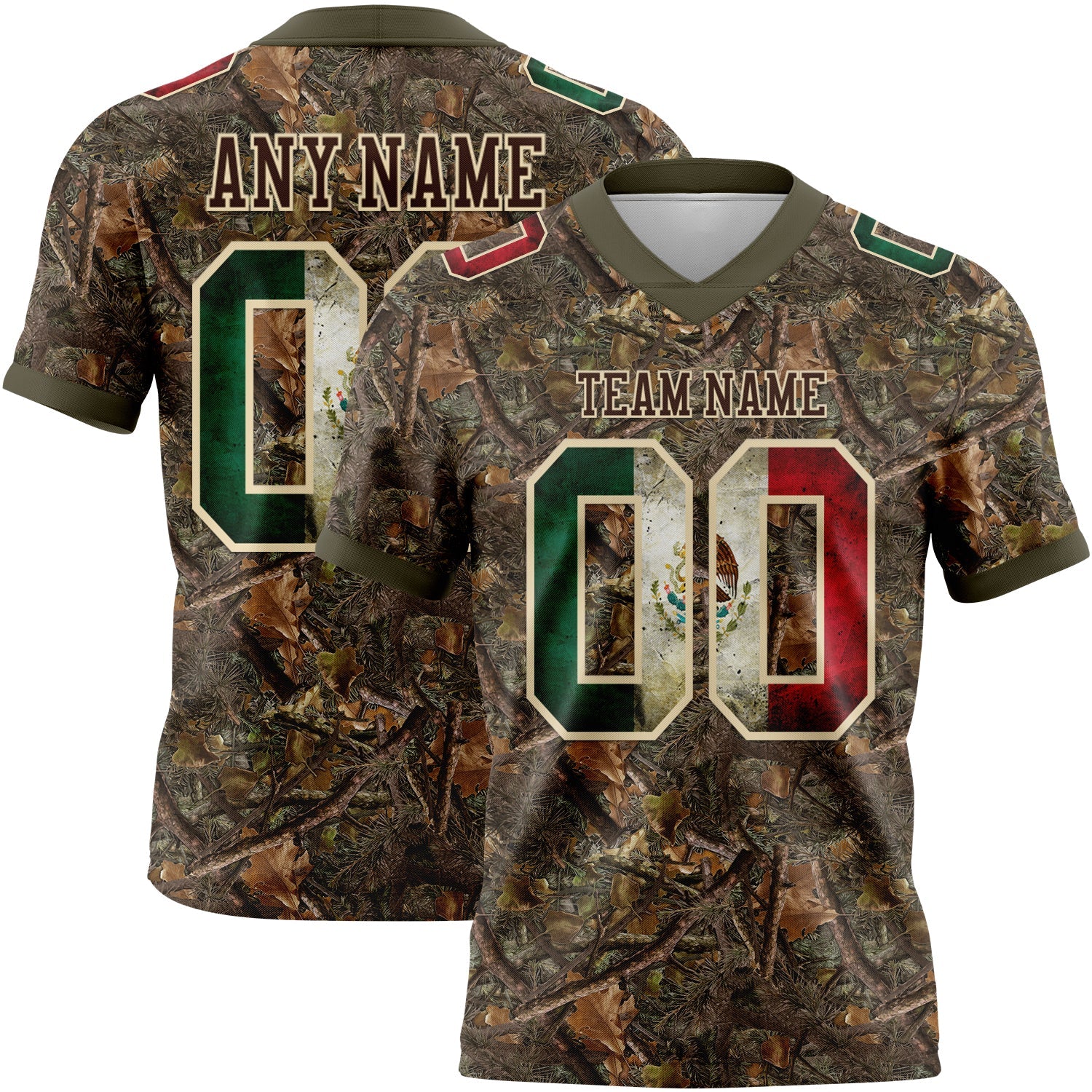 Custom Camo Vintage Mexican Flag Cream Brown-Olive Authentic Woodland Camouflage Salute To Service 7V7 Flag Football Jersey