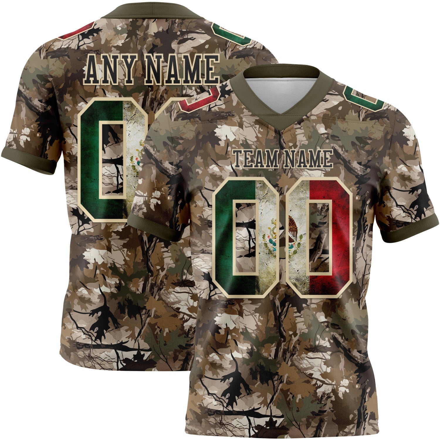 Custom Camo Vintage Mexican Flag Cream Black-Olive Authentic Woodland Camouflage Salute To Service 7V7 Flag Football Jersey