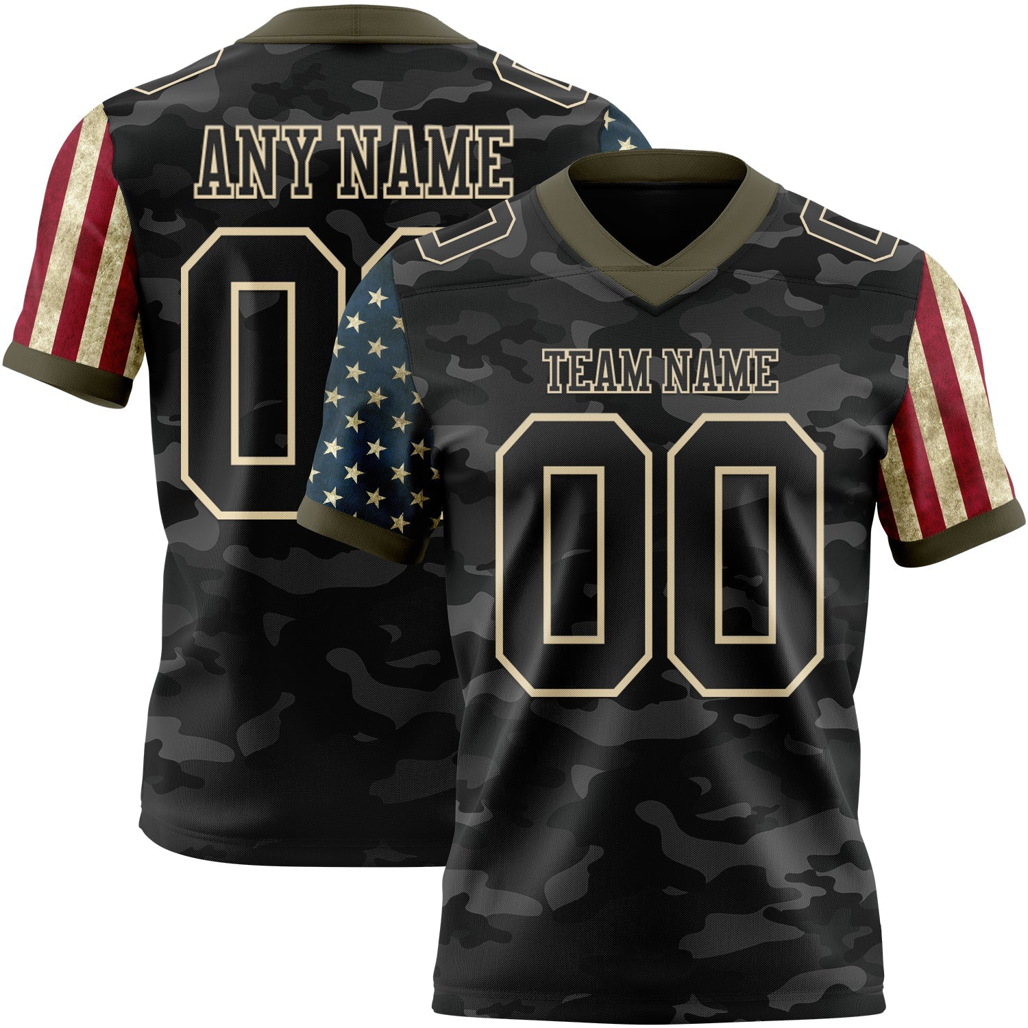 Custom Camo Black Cream-Olive Authentic American Flag Stars And Stripes Two Tone Salute To Service 7V7 Flag Football Jersey
