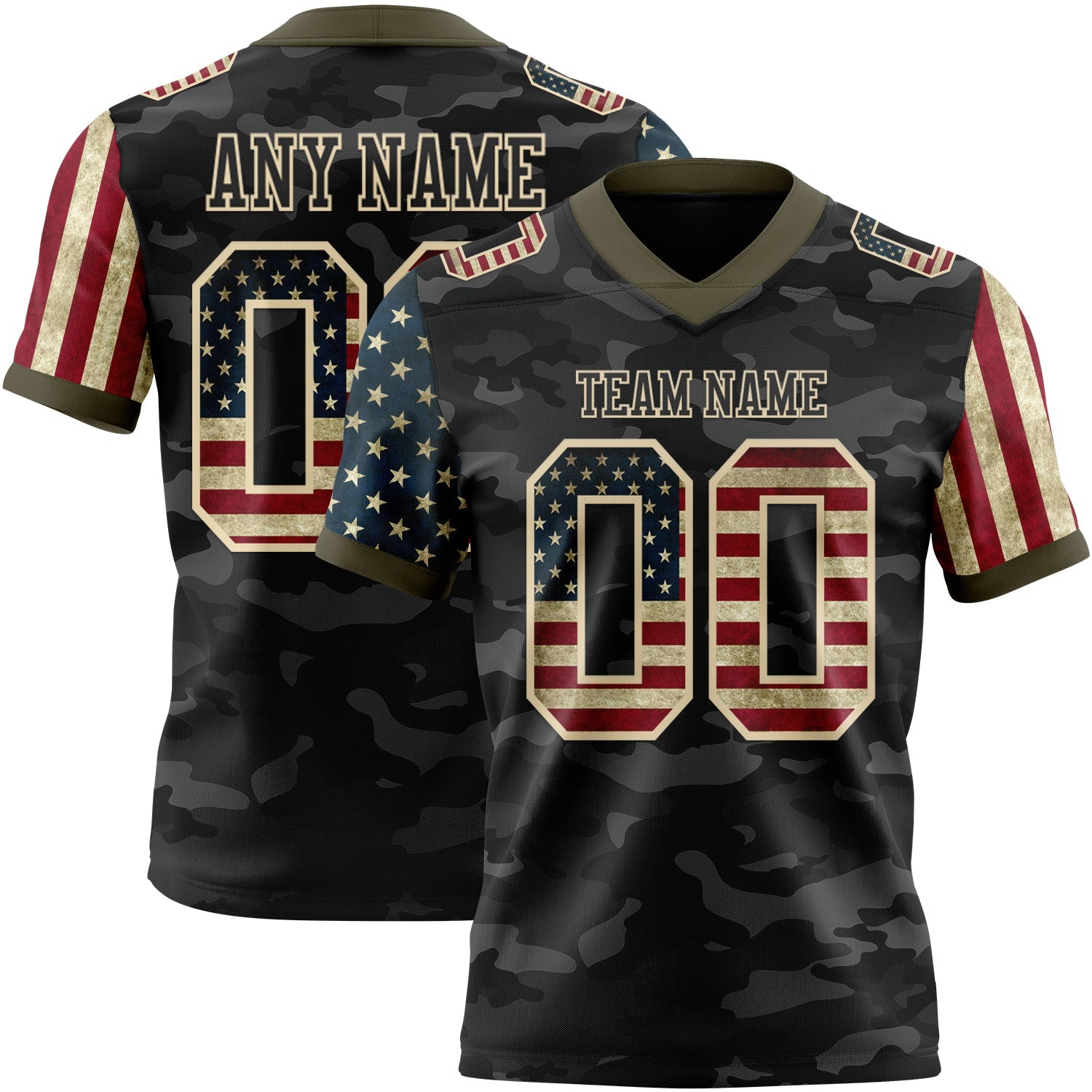 Custom Camo Vintage USA Flag Cream Black-Olive Authentic Stars And Stripes Two Tone Salute To Service 7V7 Flag Football Jersey