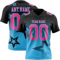 Custom Black Pink-Sky Blue Authentic Star Gradient 7V7 Flag Football Jersey