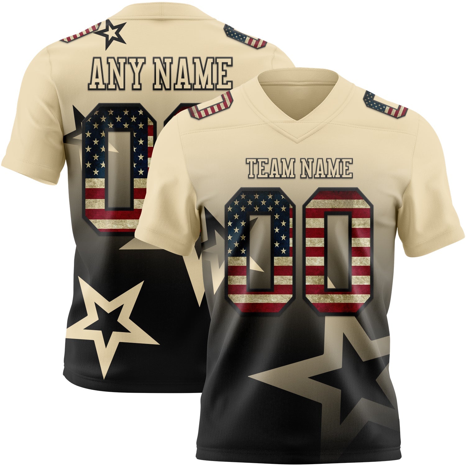 Custom Cream Vintage USA Flag-Black Authentic Star Gradient 7V7 Flag Football Jersey