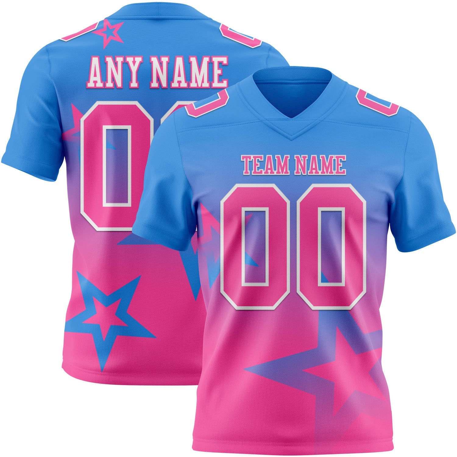 Custom Powder Blue Pink-White Authentic Star Gradient 7V7 Flag Football Jersey