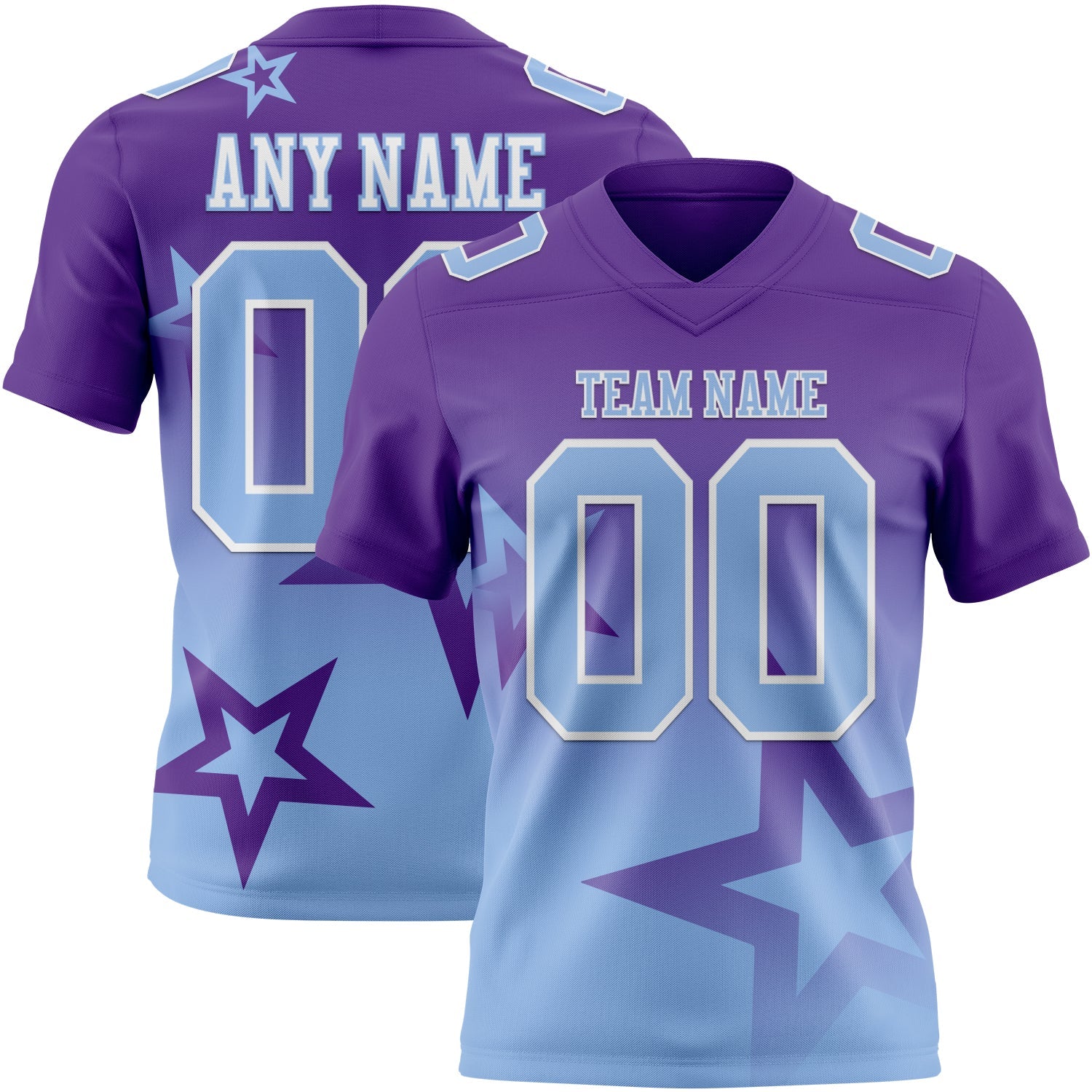 Custom Purple Light Blue-White Authentic Star Gradient 7V7 Flag Football Jersey