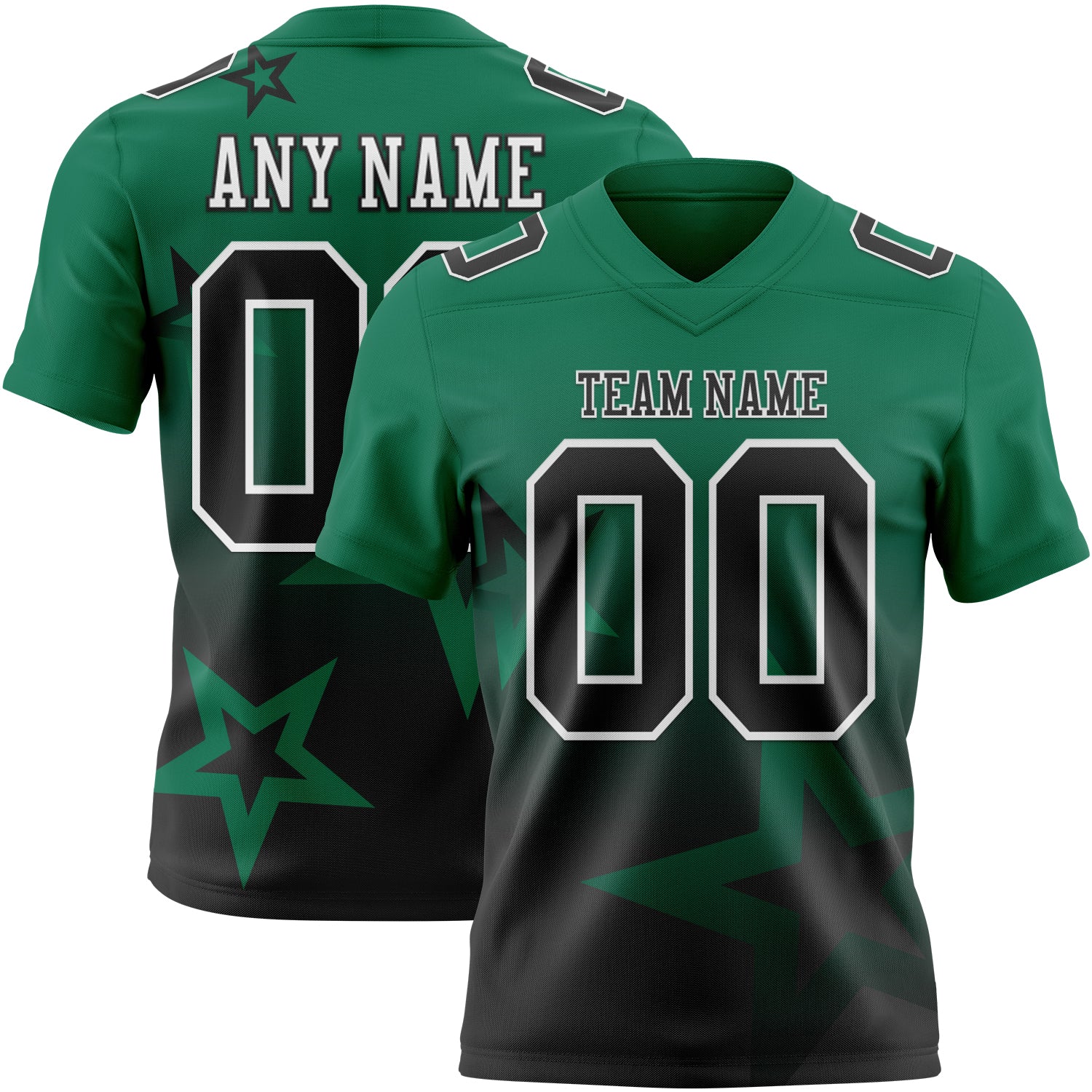 Custom Kelly Green Black-White Authentic Star Gradient 7V7 Flag Football Jersey