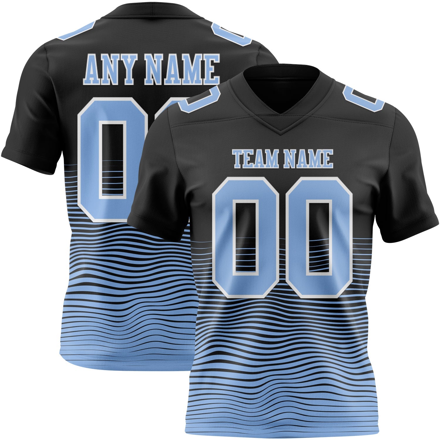 Custom Black Light Blue-White Authentic Fluid Wave Line Fade 7V7 Flag Football Jersey