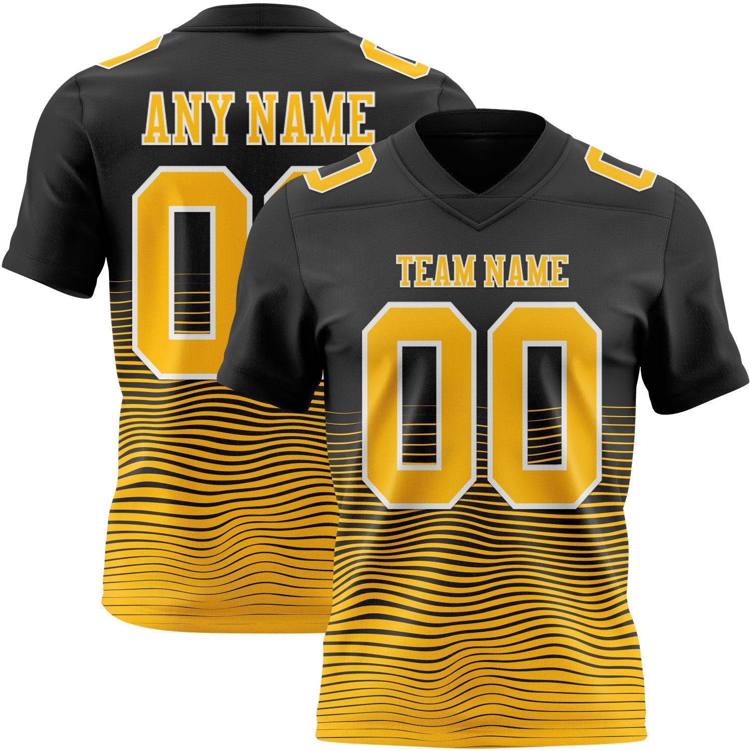 Custom Black Gold-White Authentic Fluid Wave Line Fade 7V7 Flag Football Jersey