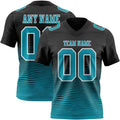 Custom Black Teal-White Authentic Fluid Wave Line Fade 7V7 Flag Football Jersey