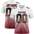 Custom White Vintage USA Flag Crimson-Black Authentic Fluid Wave Line Fade 7V7 Flag Football Jersey