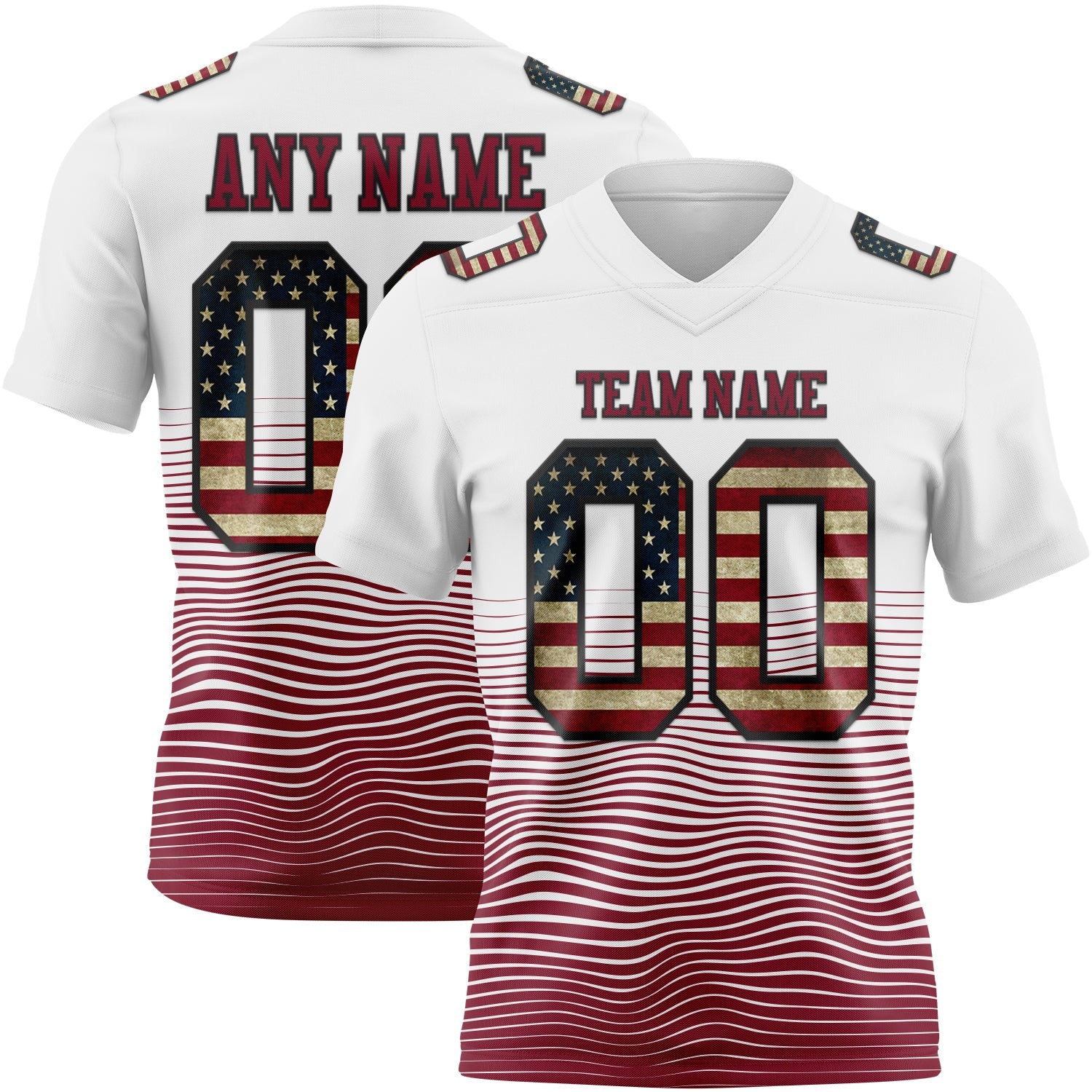 Custom White Vintage USA Flag Crimson-Black Authentic Fluid Wave Line Fade 7V7 Flag Football Jersey