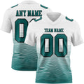 Custom White Teal-Black Authentic Fluid Wave Line Fade 7V7 Flag Football Jersey