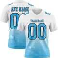 Custom White Sky Blue-Black Authentic Fluid Wave Line Fade 7V7 Flag Football Jersey