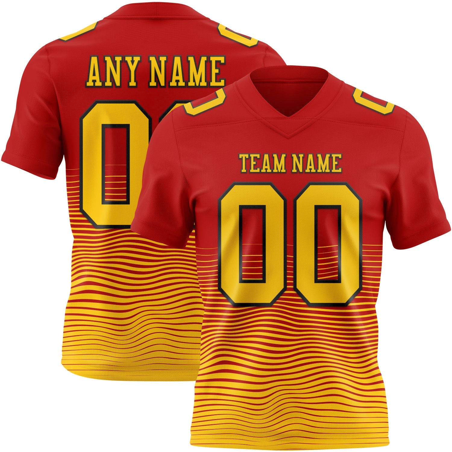 Custom Red Yellow-Black Authentic Fluid Wave Line Fade 7V7 Flag Football Jersey