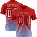 Custom Red Light Blue-White Authentic Fluid Wave Line Fade 7V7 Flag Football Jersey