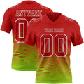 Custom Red Neon Green-White Authentic Fluid Wave Line Fade 7V7 Flag Football Jersey