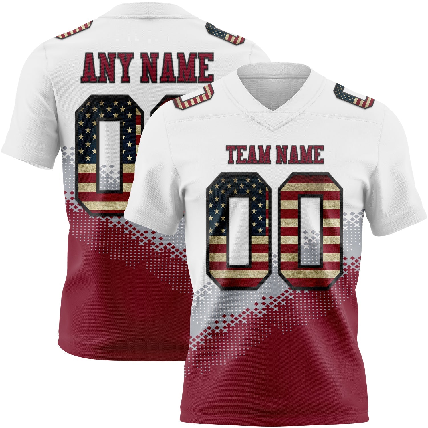Custom White Vintage USA Flag Gray Crimson-Black Authentic Geometric Gradient 7V7 Flag Football Jersey
