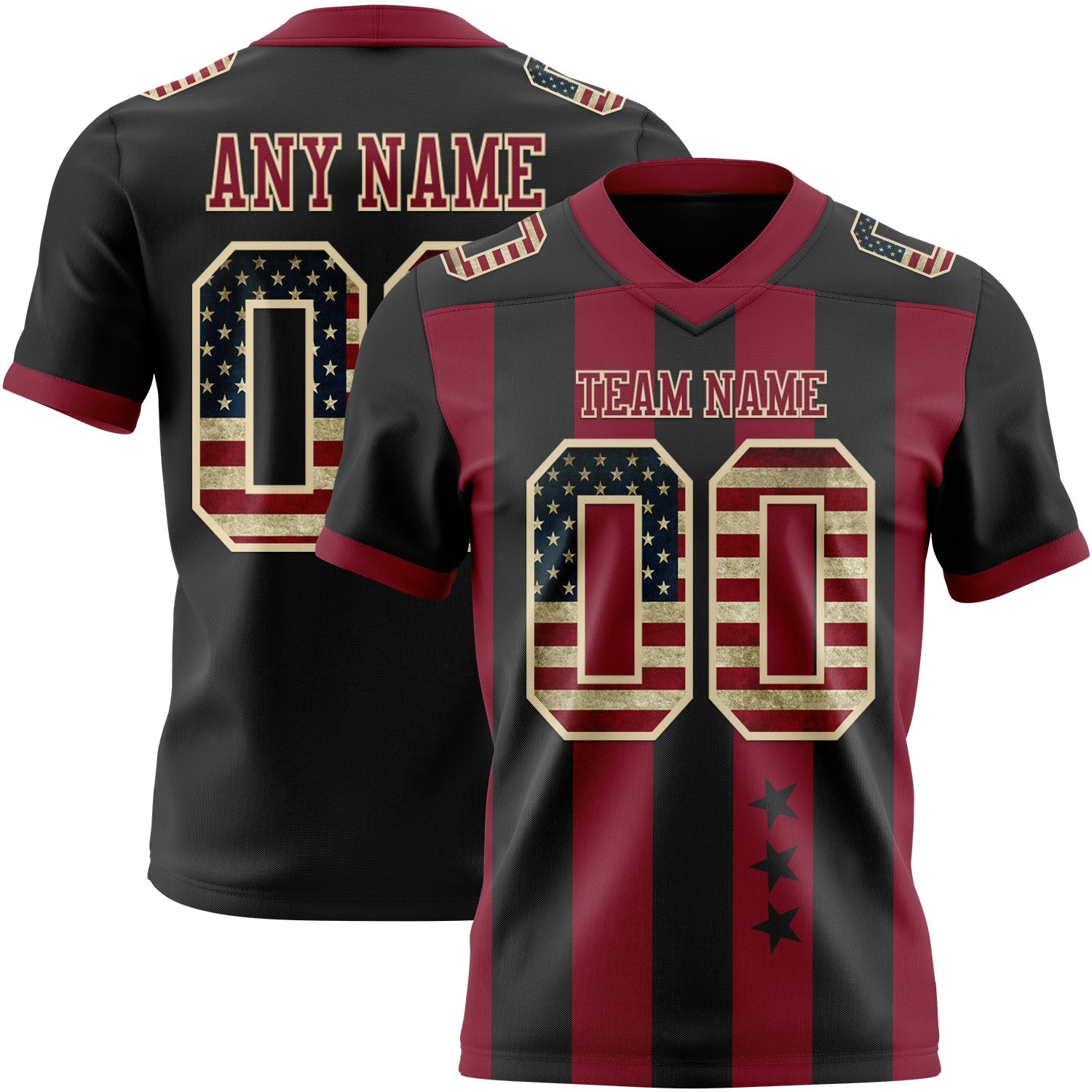 Custom Black Vintage USA Flag Crimson-Cream Authentic Stars And Stripes 7V7 Flag Football Jersey