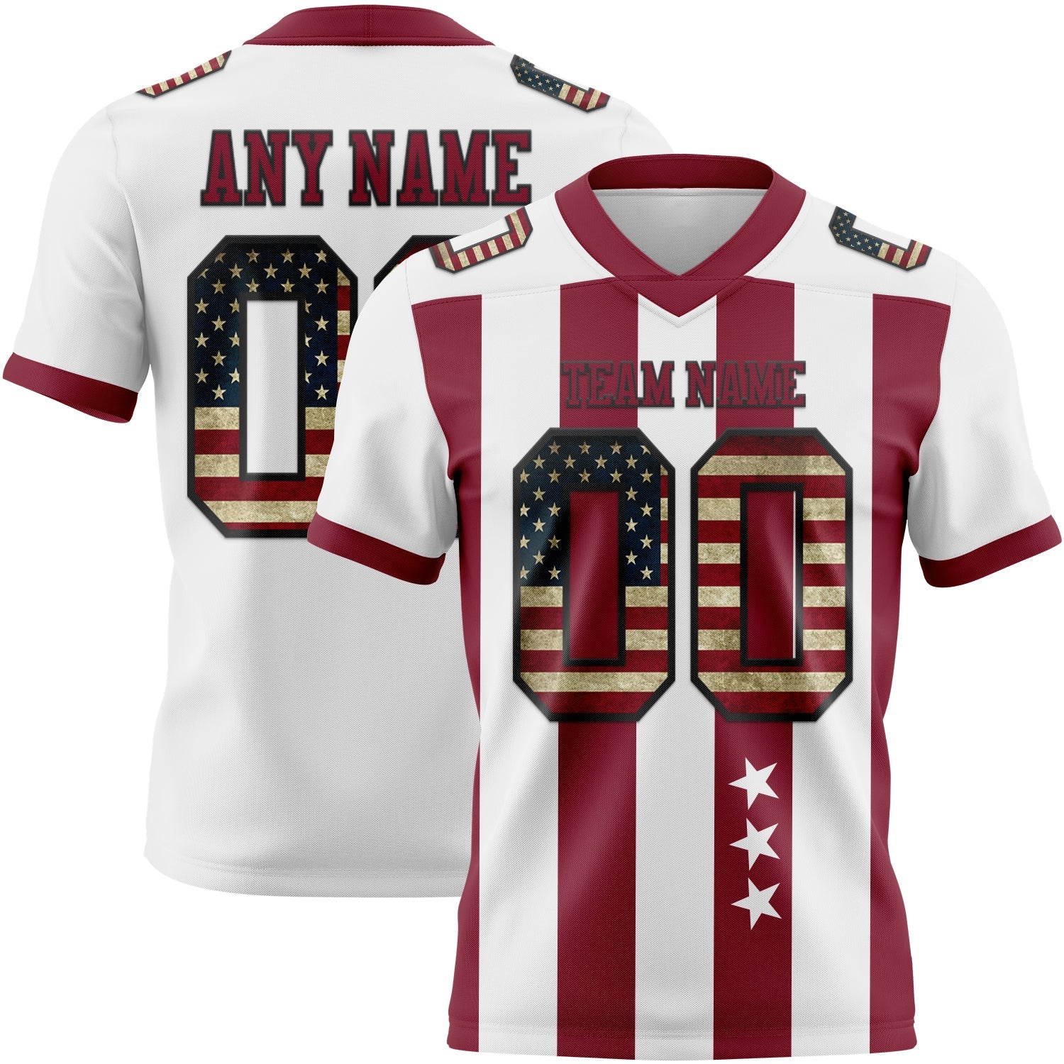 Custom White Vintage USA Flag Crimson-Black Authentic Stars And Stripes 7V7 Flag Football Jersey