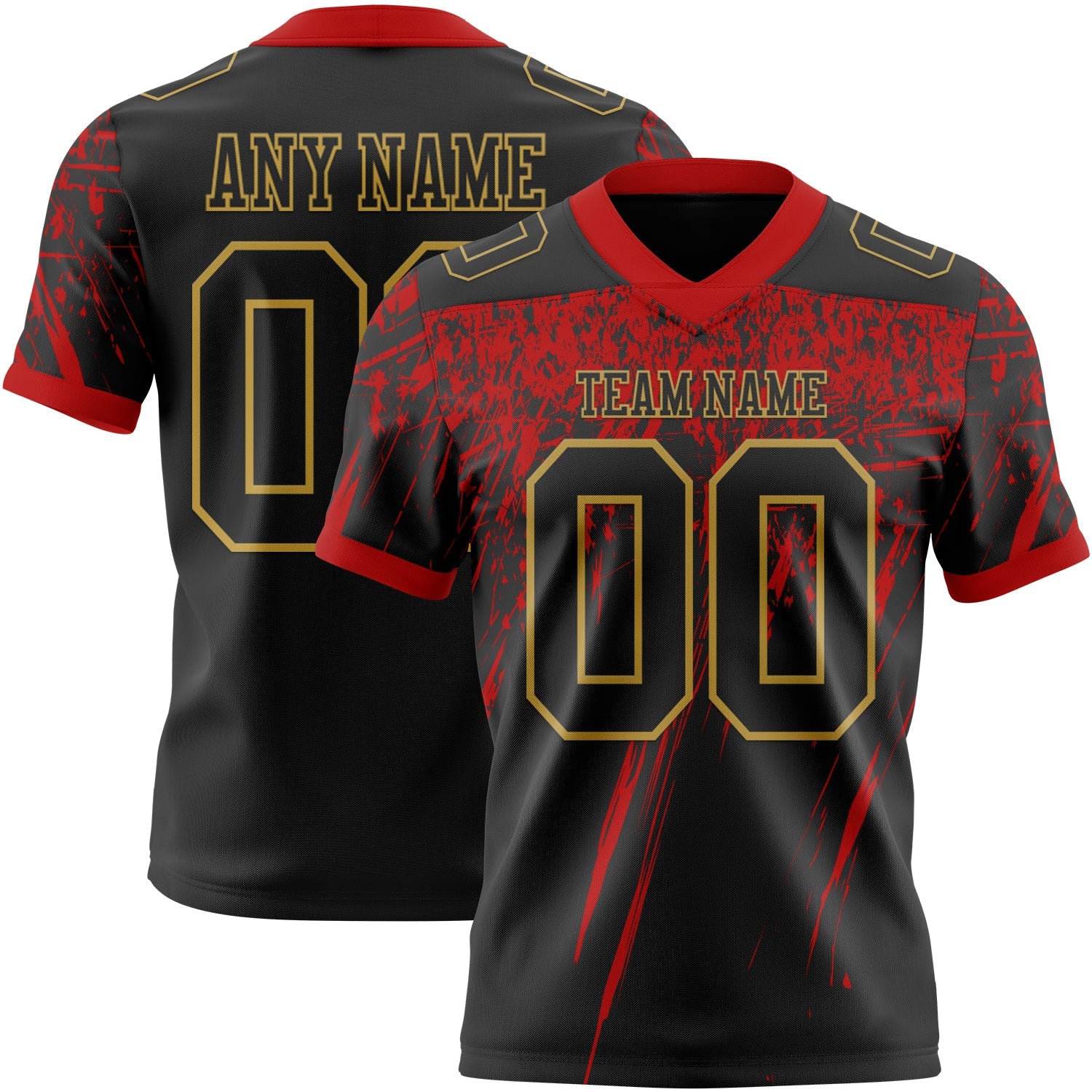 Custom Black Red-Old Gold Authentic Distressed Scratch Brush Stroke Football Jersey