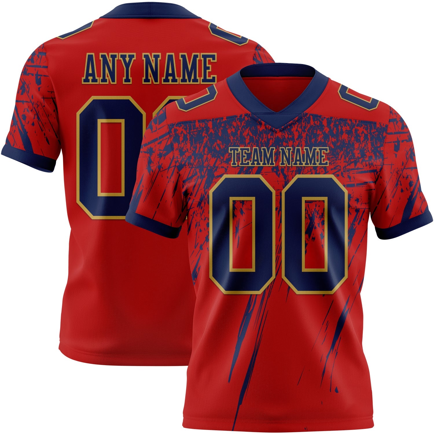Custom Red Navy-Old Gold Authentic Distressed Scratch Brush Stroke Football Jersey
