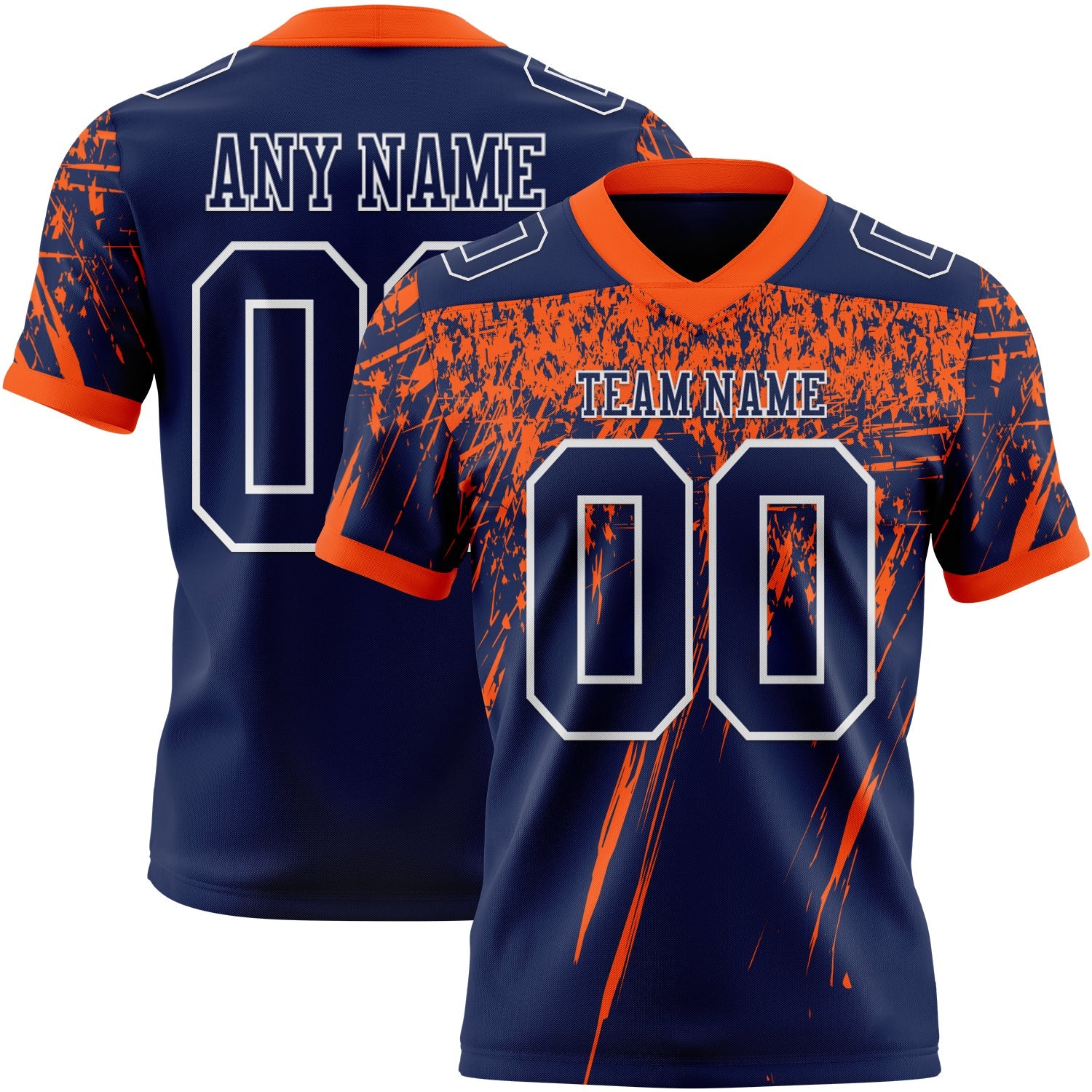 Custom Navy Orange-White Authentic Distressed Scratch Brush Stroke Football Jersey
