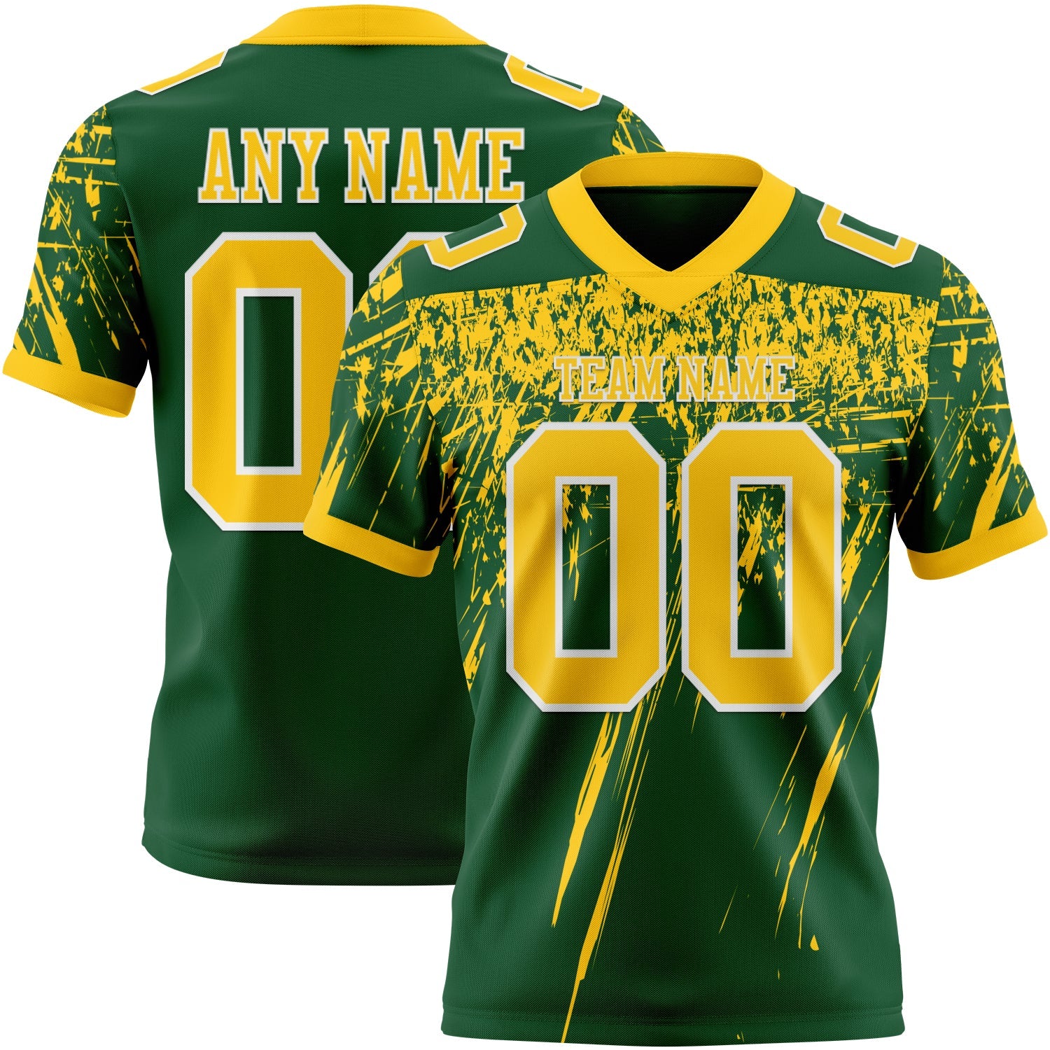 Custom Green Yellow-White Authentic Distressed Scratch Brush Stroke Football Jersey