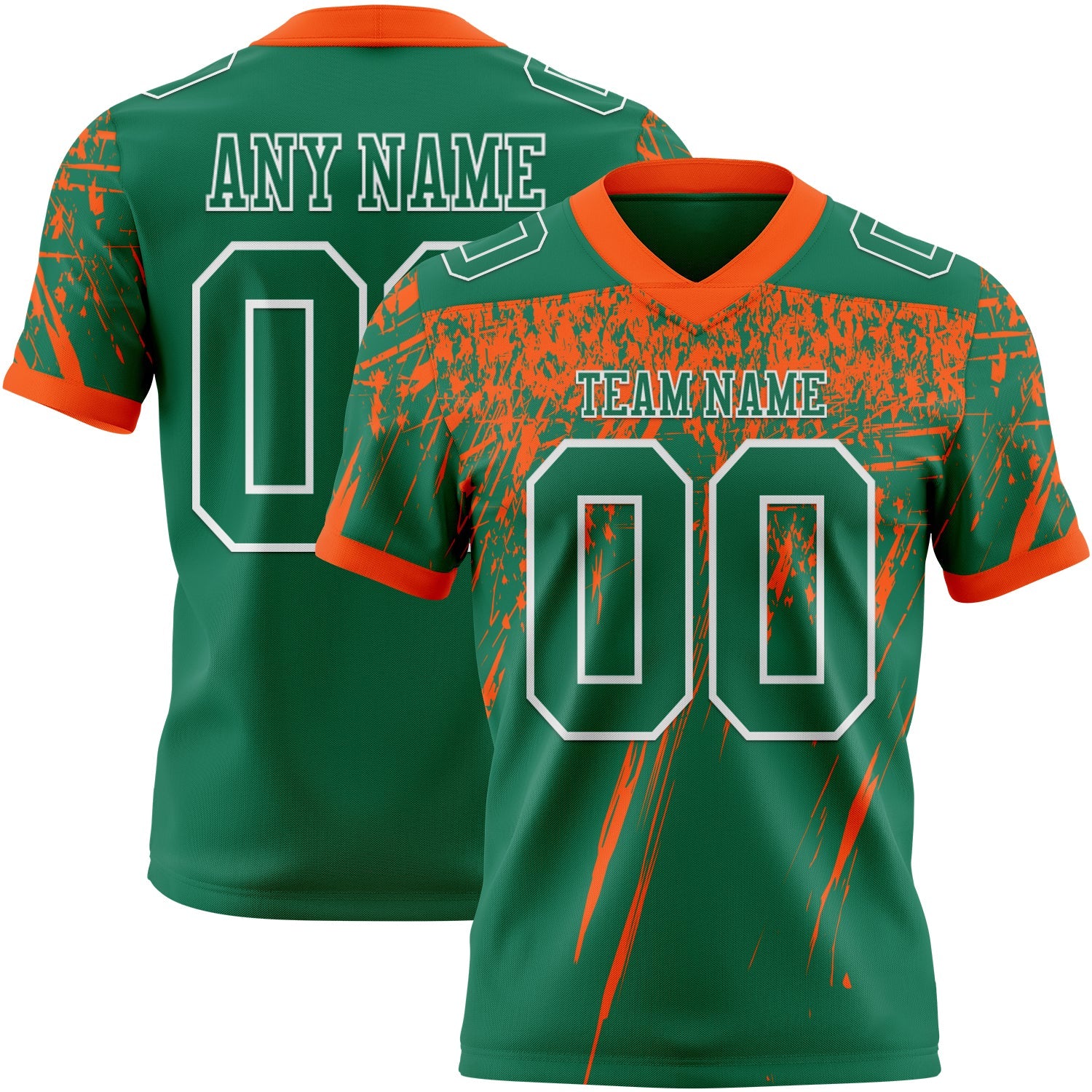 Custom Kelly Green Orange-White Authentic Distressed Scratch Brush Stroke Football Jersey