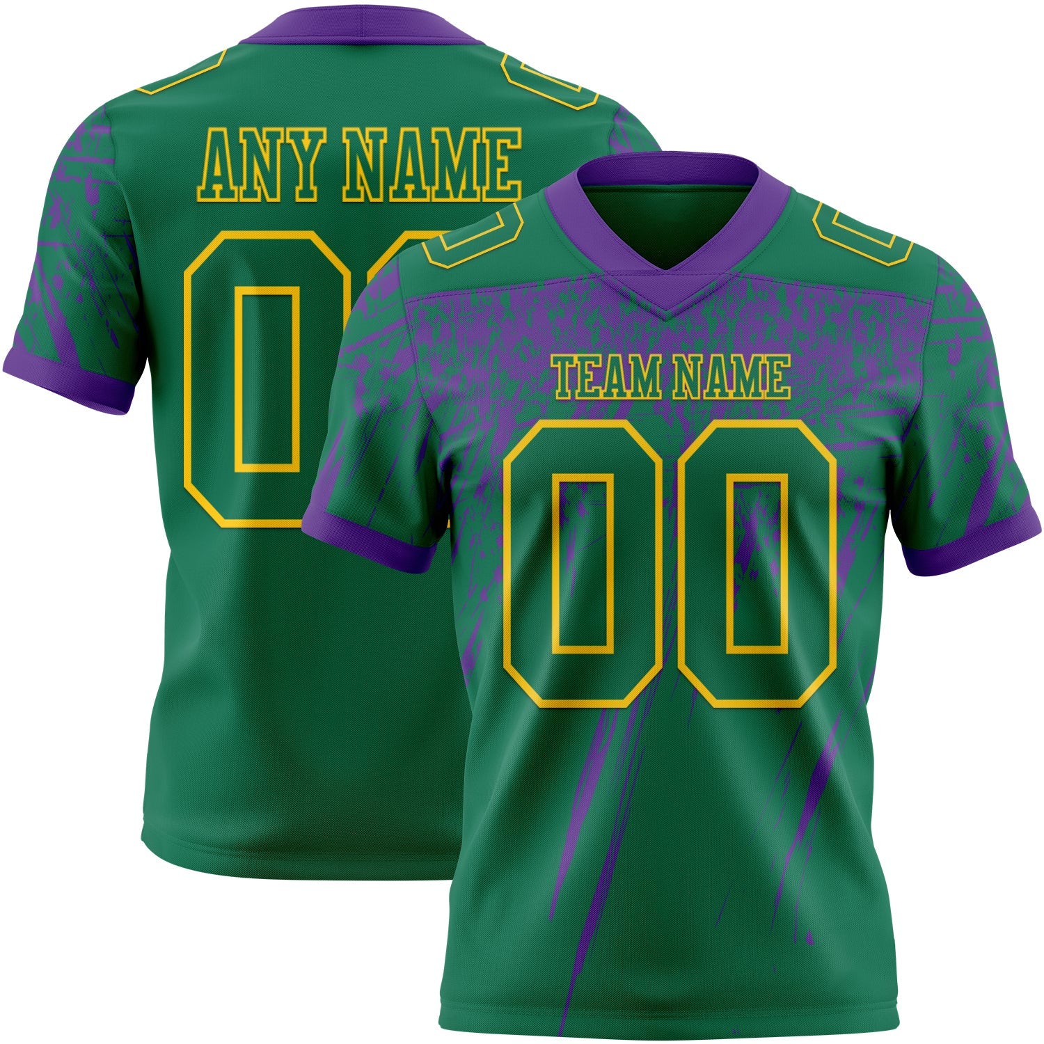 Custom Kelly Green Purple-Yellow Authentic Distressed Scratch Brush Stroke Football Jersey