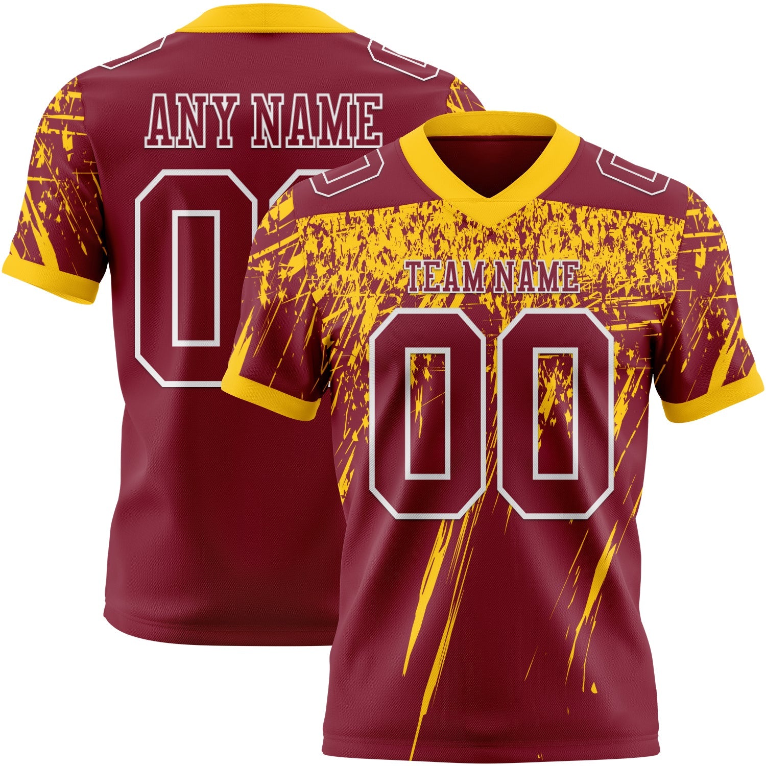 Custom Crimson Yellow-White Authentic Distressed Scratch Brush Stroke Football Jersey
