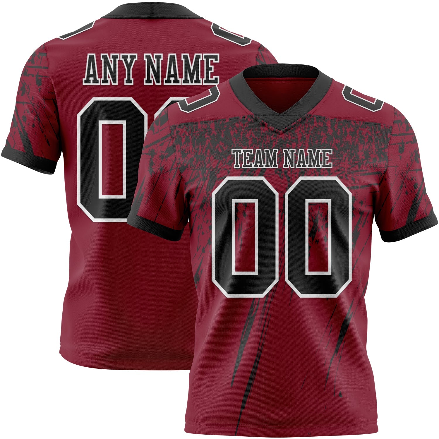 Custom Crimson Black-White Authentic Distressed Scratch Brush Stroke Football Jersey