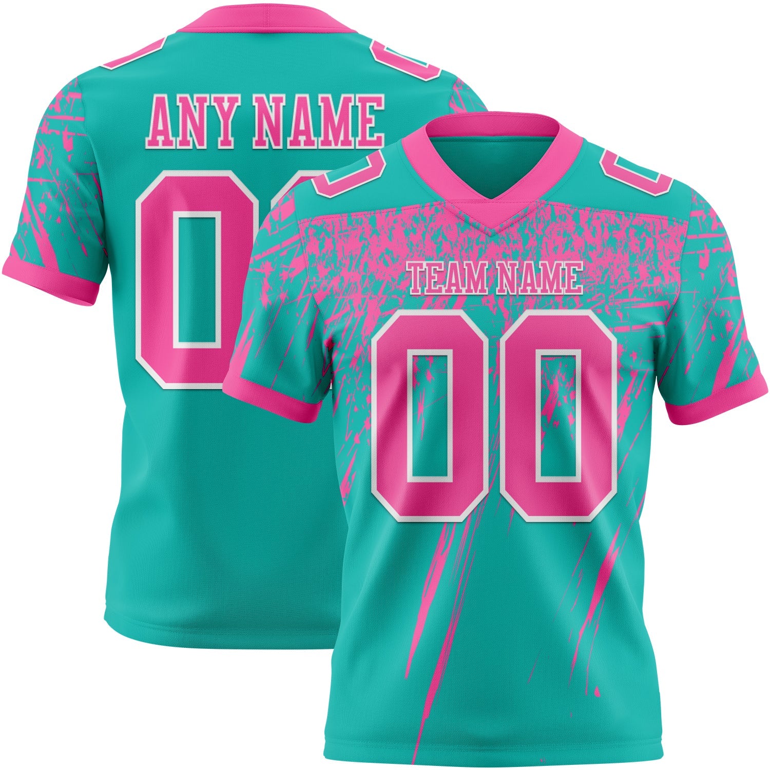 Custom Aqua Pink-White Authentic Distressed Scratch Brush Stroke Football Jersey
