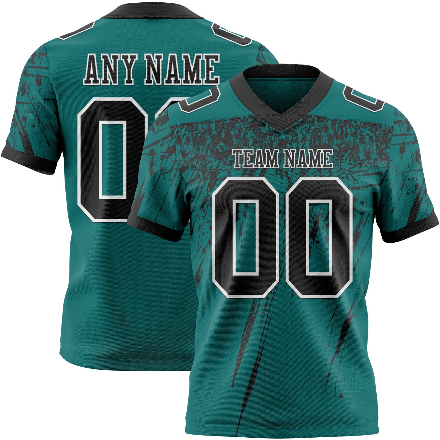 Custom Teal Black-White Authentic Distressed Scratch Brush Stroke Football Jersey