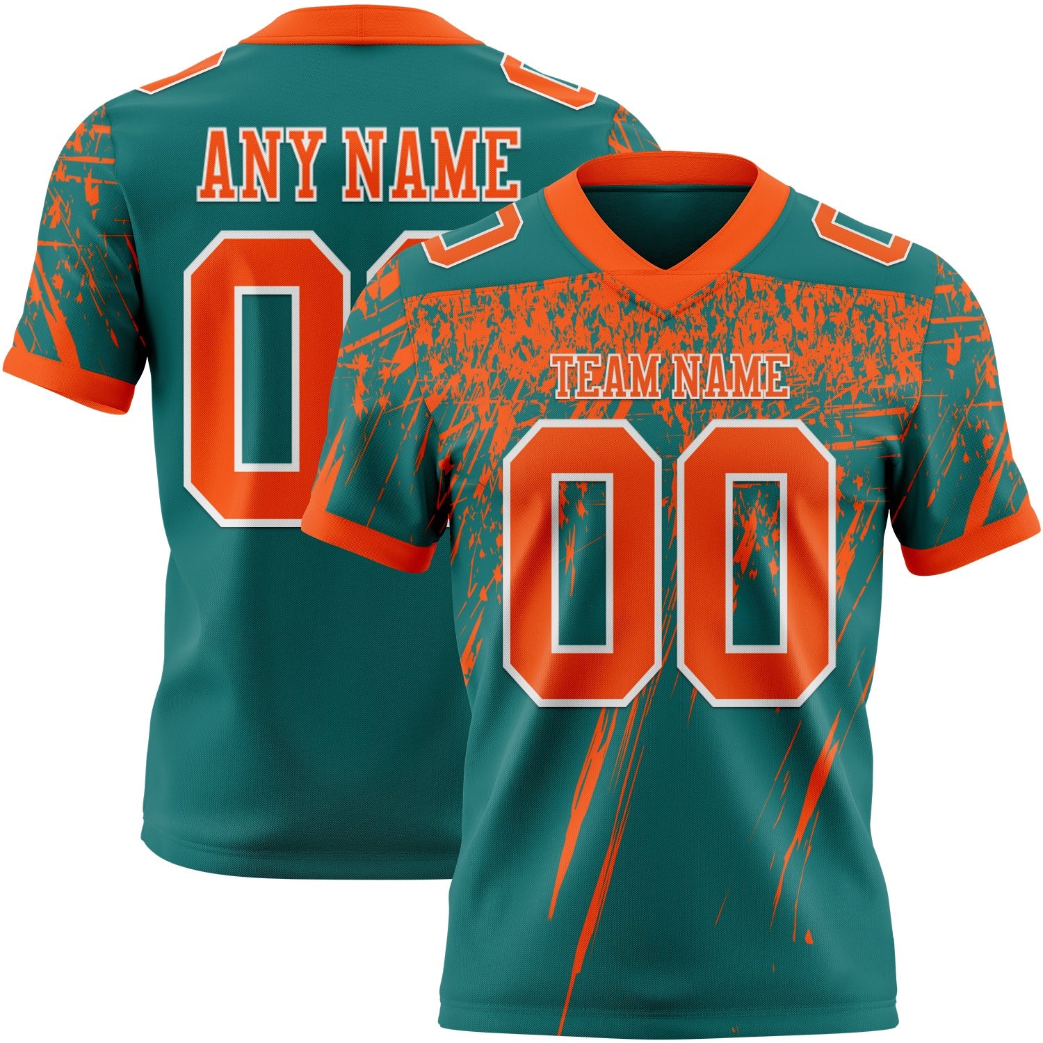Custom Teal Orange-White Authentic Distressed Scratch Brush Stroke Football Jersey
