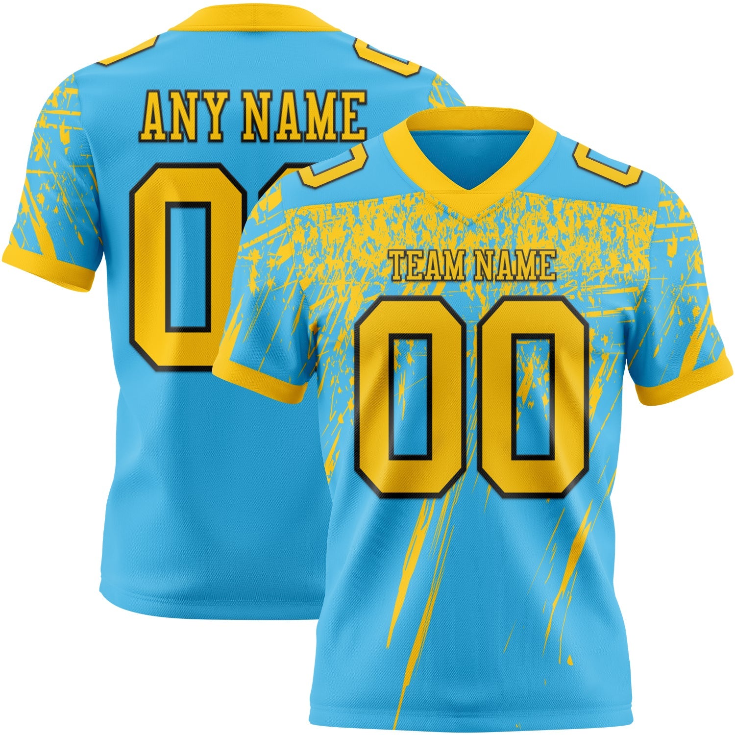 Custom Sky Blue Yellow-Black Authentic Distressed Scratch Brush Stroke Football Jersey