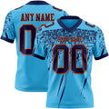 Custom Sky Blue Navy-Orange Authentic Distressed Scratch Brush Stroke Football Jersey
