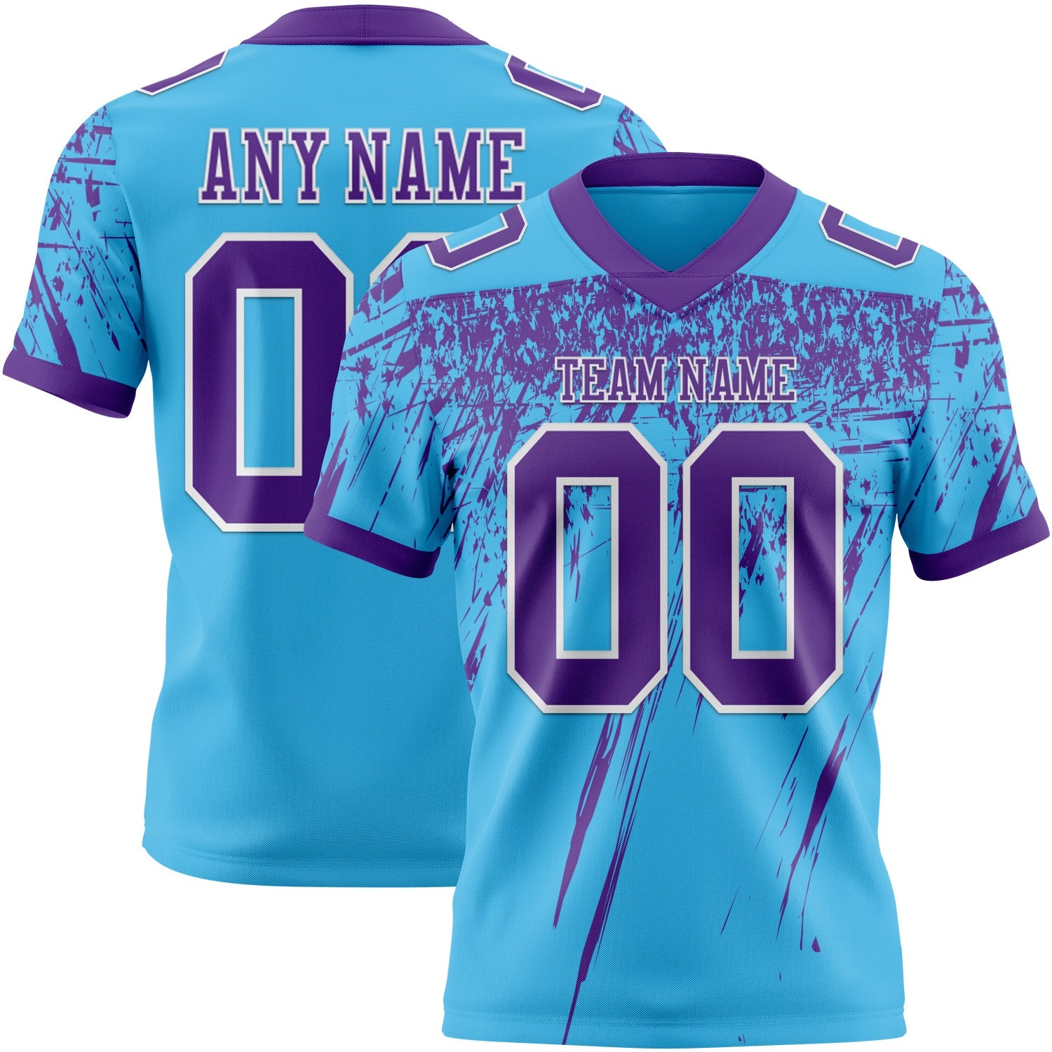 Custom Sky Blue Purple-White Authentic Distressed Scratch Brush Stroke Football Jersey