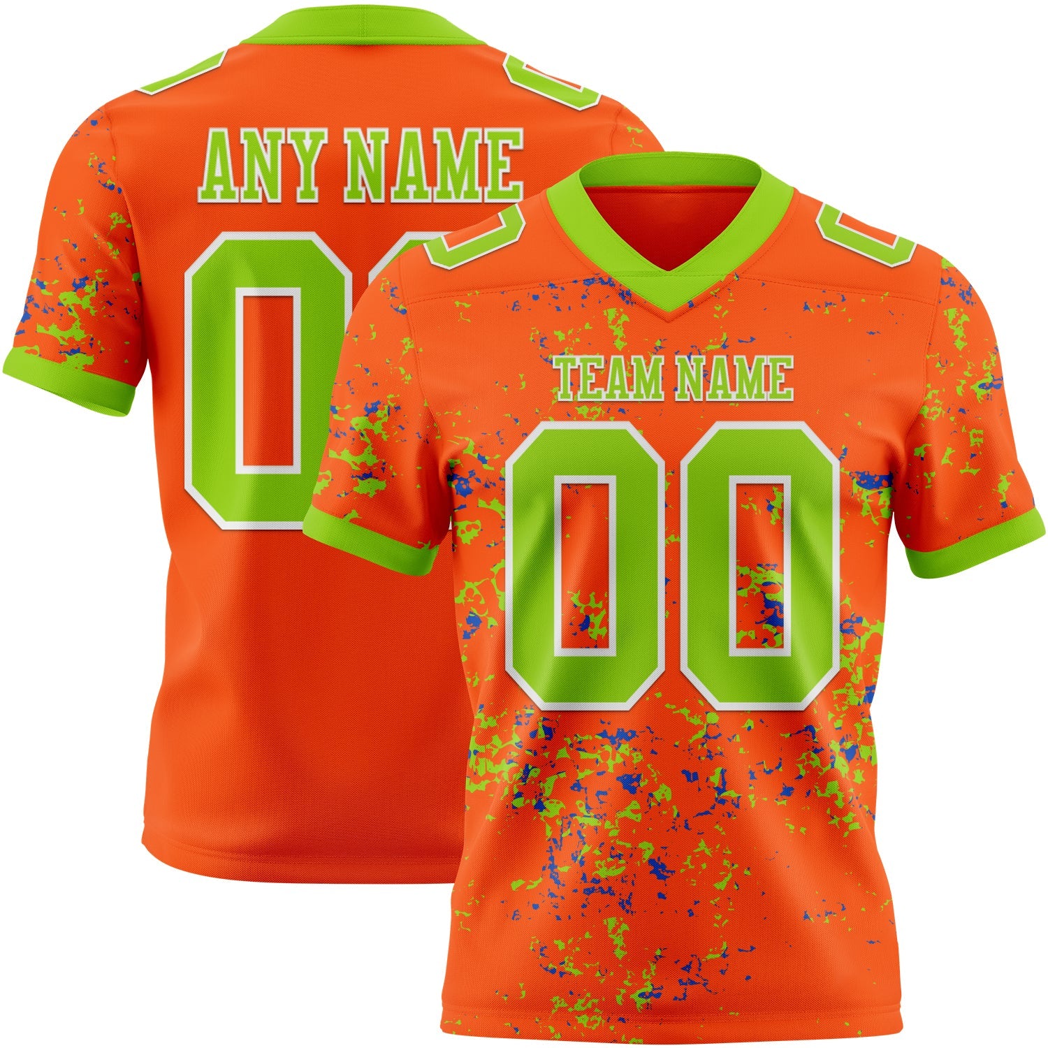 Custom Orange Neon Green Thunder Blue-White Authentic Abstract Shattered Paint Splatter Football Jersey
