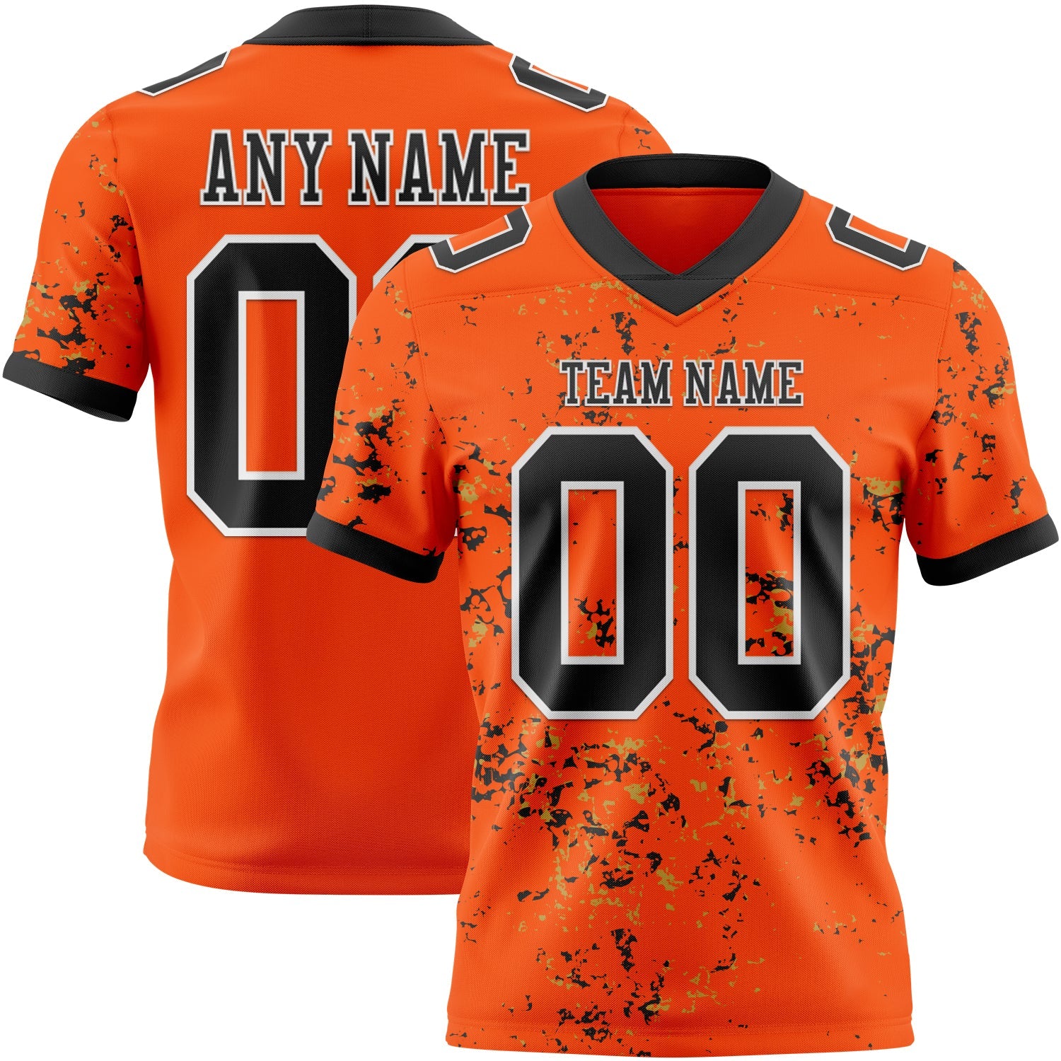 Custom Orange Black Old Gold-White Authentic Abstract Shattered Paint Splatter Football Jersey
