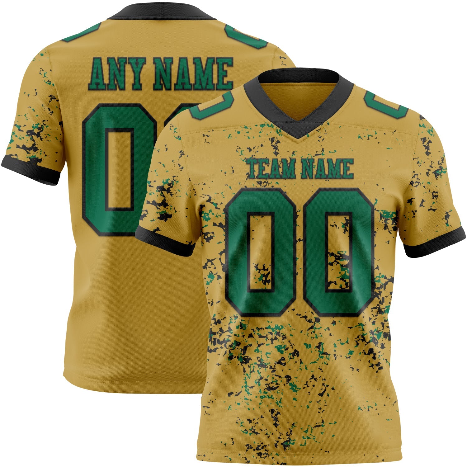 Custom Old Gold Kelly Green-Black Authentic Abstract Shattered Paint Splatter Football Jersey