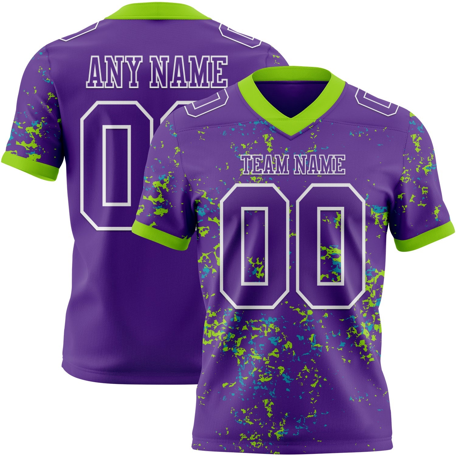 Custom Purple Neon Green Teal-White Authentic Abstract Shattered Paint Splatter Football Jersey