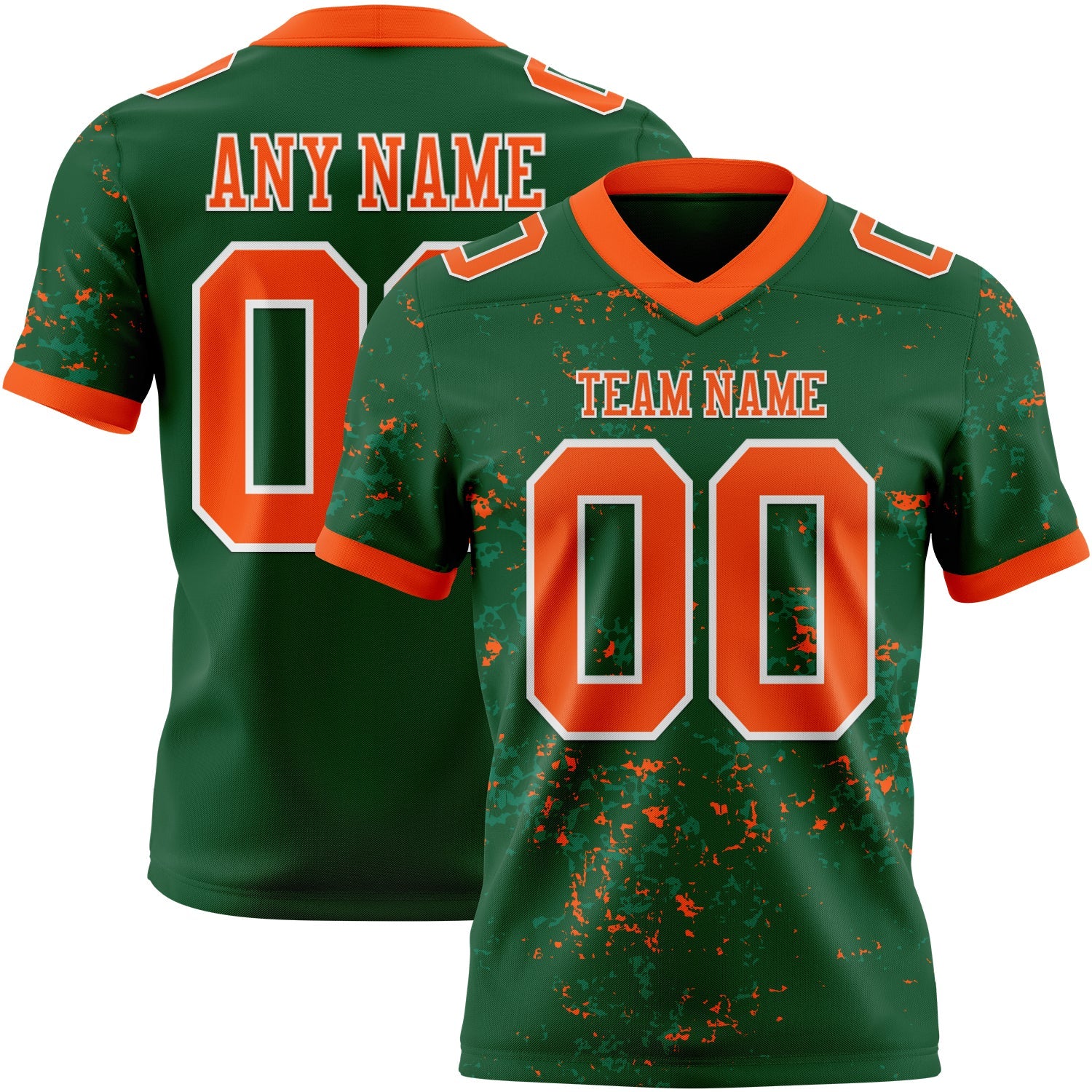 Custom Green Orange-White Authentic Abstract Shattered Paint Splatter Football Jersey
