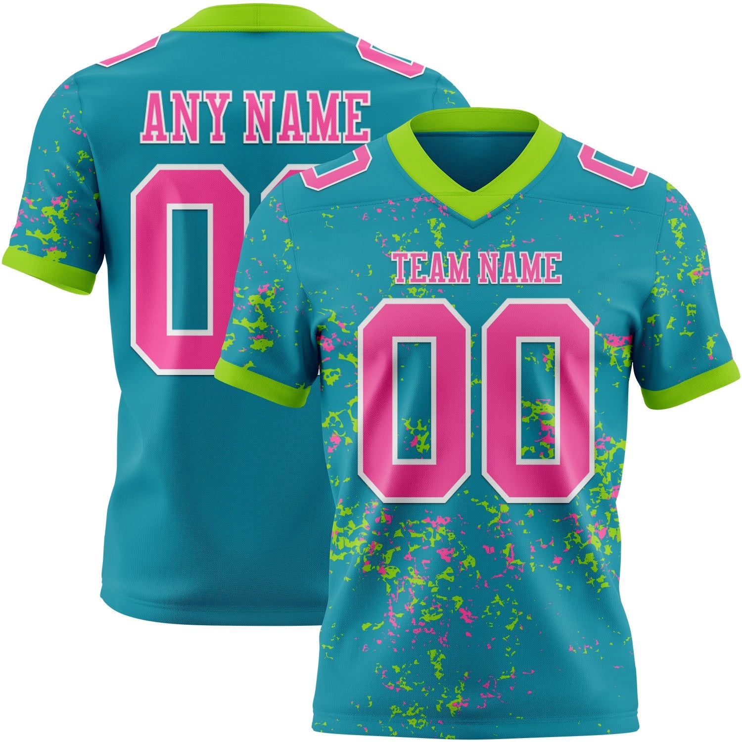 Custom Teal Pink Neon Green-White Authentic Abstract Shattered Paint Splatter Football Jersey