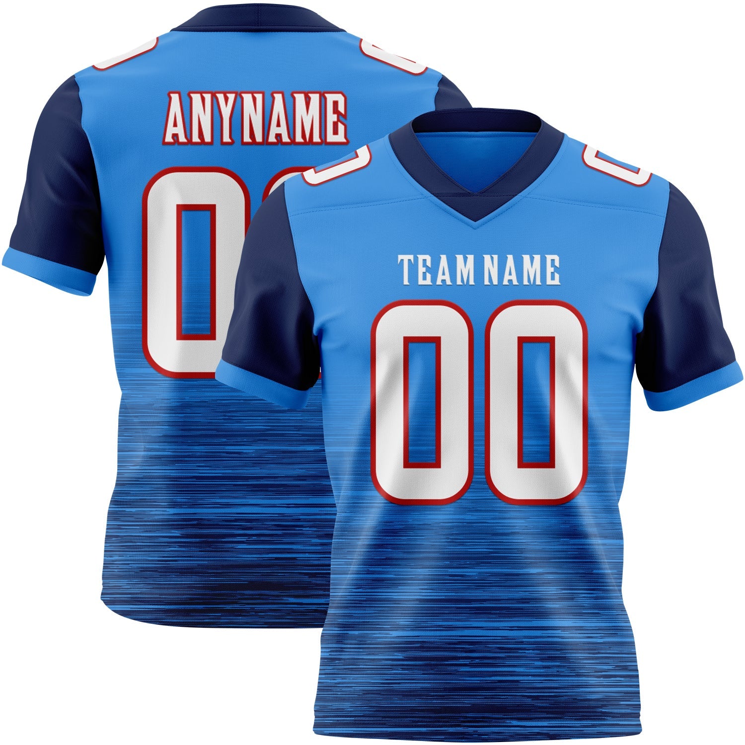 Custom Powder Blue White Navy-Red Authentic Fluid Scratch Waves Football Jersey