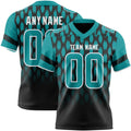 Custom Black Teal-White Authentic Geometric Pixel Grid Fade Football Jersey