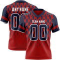 Custom Red Navy-White Authentic Geometric Pixel Grid Fade Football Jersey