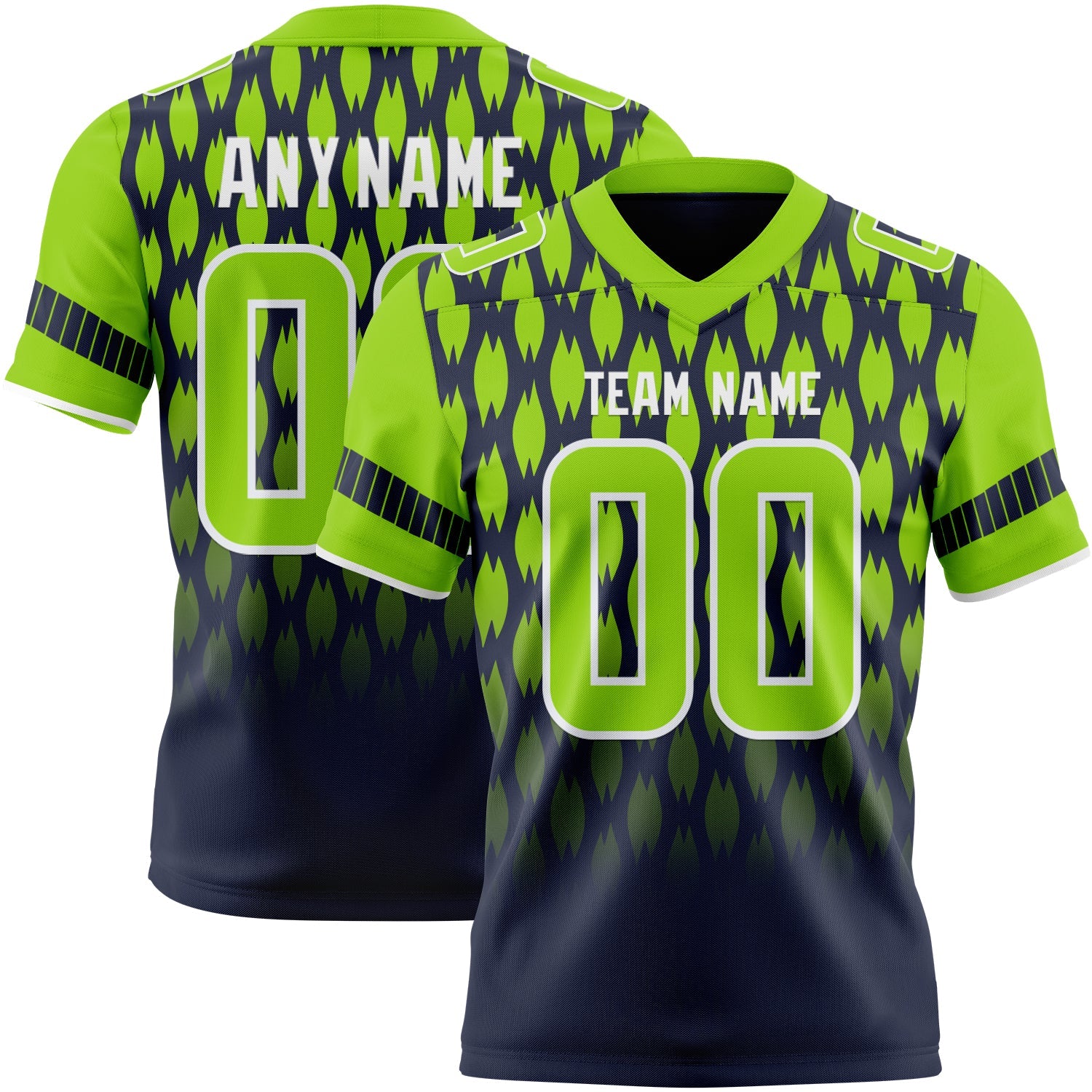 Custom Navy Neon Green-White Authentic Geometric Pixel Grid Fade Football Jersey