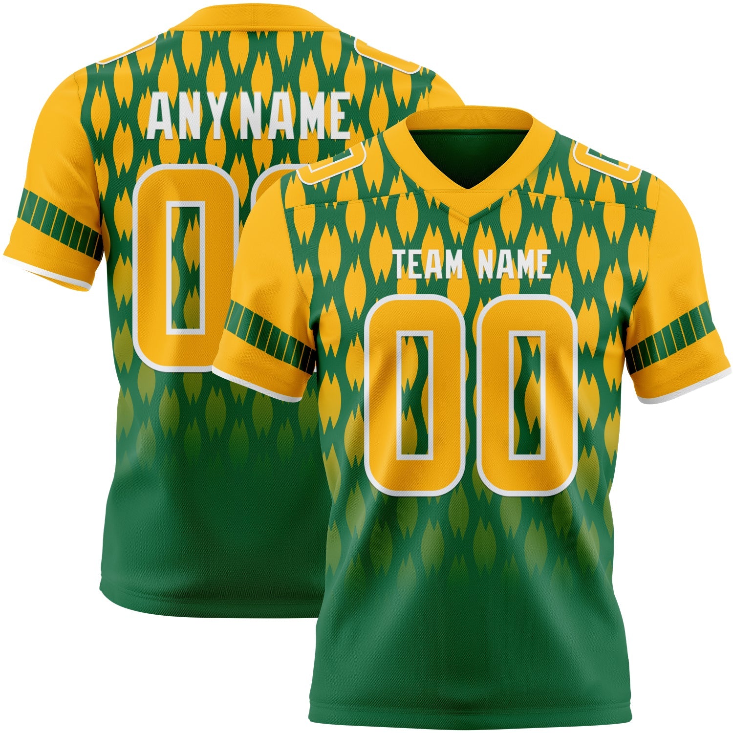 Custom Kelly Green Gold-White Authentic Geometric Pixel Grid Fade Football Jersey