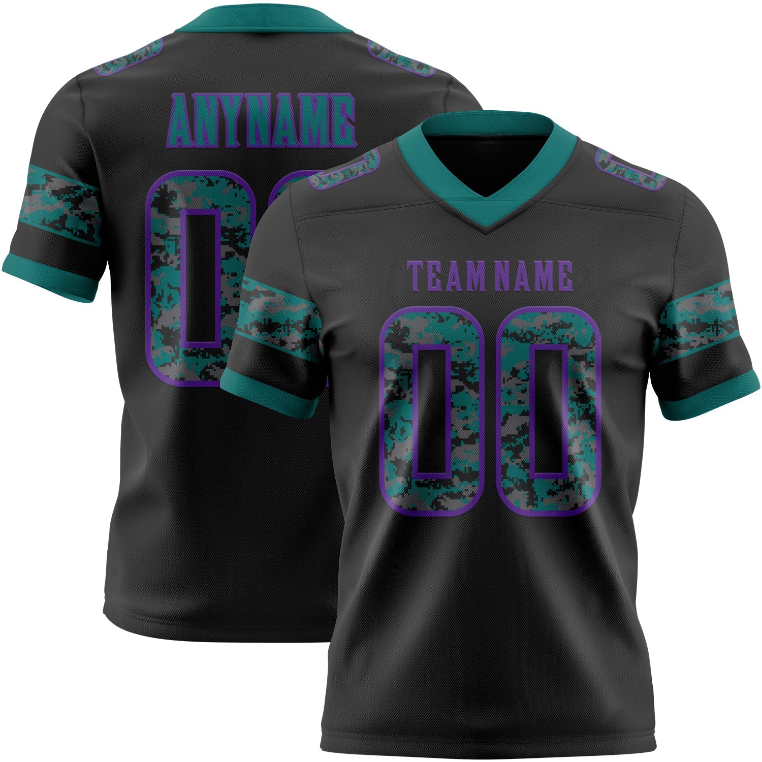Custom Black Camo Purple-Teal Authentic Digital Camouflage Panel Football Jersey
