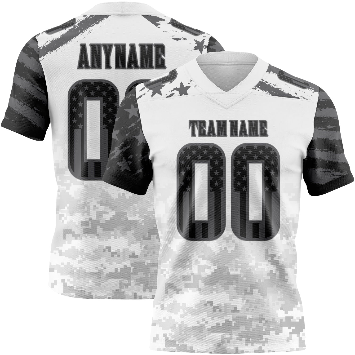 Custom White USA Flag Camo Steel Gray-Black Authentic Gradient Digital Camouflage Stars & Stripes Raglan Sleeves Football Jersey