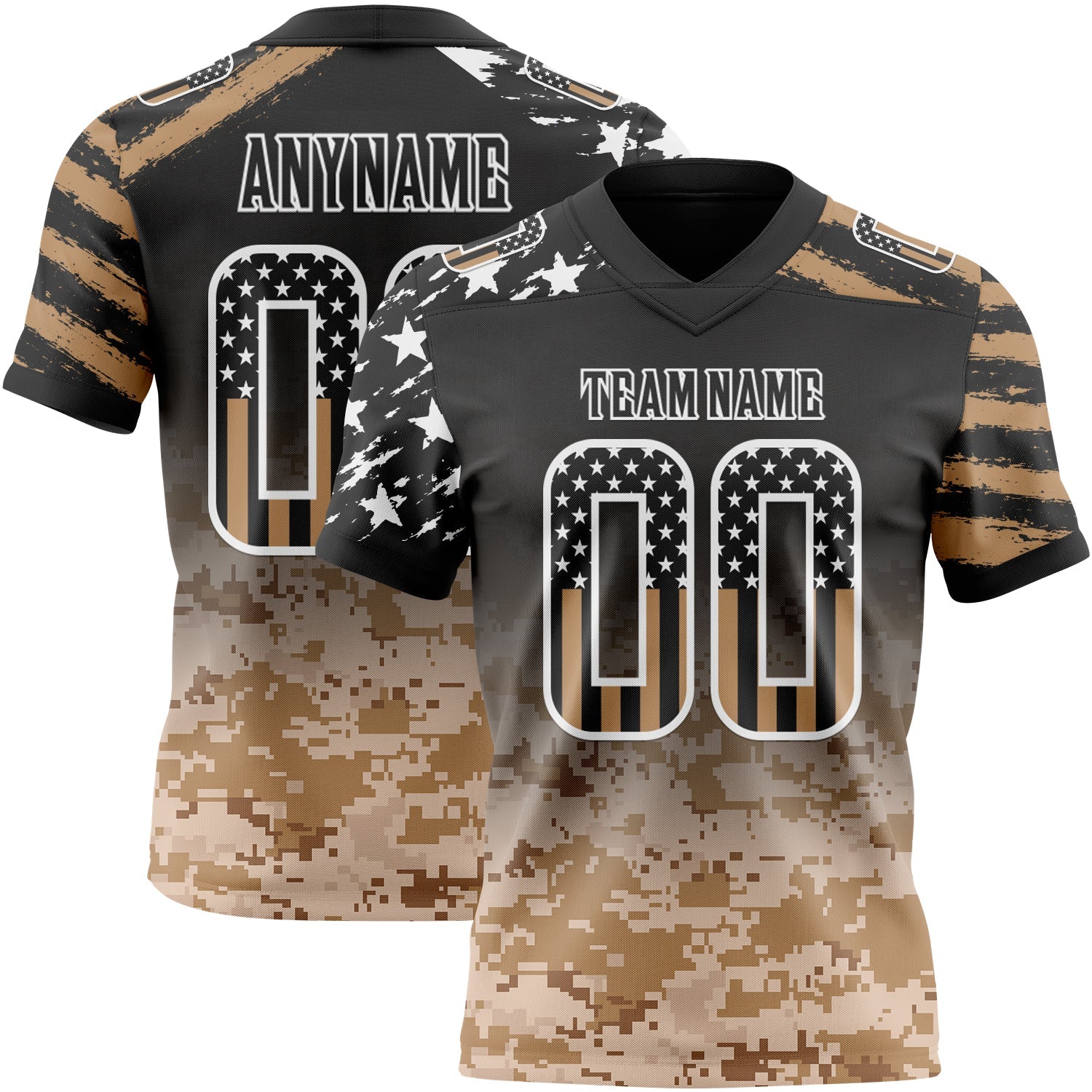 Custom Black USA Flag Camo-White Authentic Gradient Digital Camouflage Stars & Stripes Raglan Sleeves Football Jersey